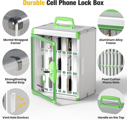 Glosen 24 Slots Cell Phone Locker, Portable Phone Storage Cabinet [Wall Mounted] [Aluminum Alloy] Cellphone Lock Box with Key & Handle for School Classroom Office Exam (Black)