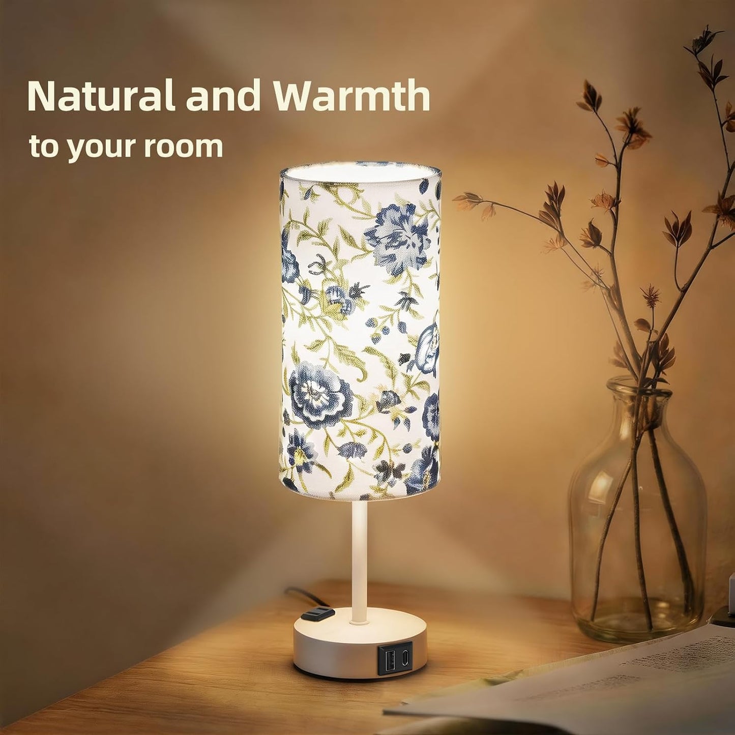 Table Lamp for Nightstand, High-Sensitivity Touch, 3-Level Dimmable Bedside Lamp with AC Outlet | USB | and USB-C, Ideal Night Stand Lamp for Bedroom, Reading, Living Room(Warm&Wooden)