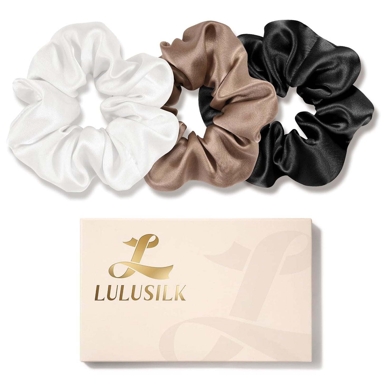 LULUSILK Silk Scrunchies for Hair Sleep, 100% Real Mulberry Silk, No Damage Hair Ties for Women and Girls, Classic Black, Pack of 3