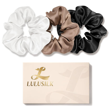 LULUSILK Silk Scrunchies for Hair Sleep, 100% Real Mulberry Silk, No Damage Hair Ties for Women and Girls, Classic Black, Pack of 3