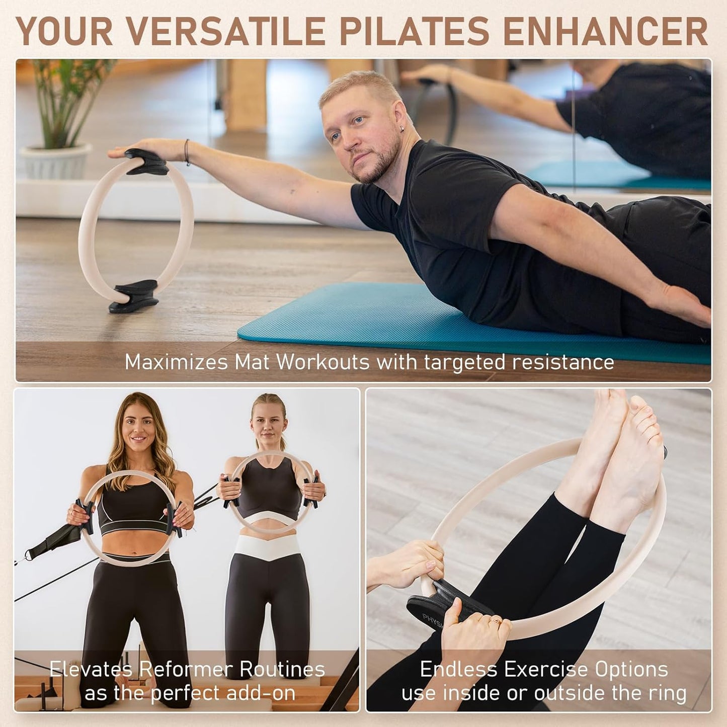 PhysKcal Pilates Ring, 15-Inch Magic Circle with Thick Padded Handle | Pilates Equipment for Toning Inner Thighs, Arms and Strengthening Cores with Workout Sheet Included