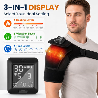 Cordless Shoulder Heating Pad with Vibration Massage, 4000mAh Rechargeable Heated Shoulder Brace with 6 Heat 6 Vibration Modes 6 Timers, Adjustable Heat Wrap for Shoulder Rotator Cuff