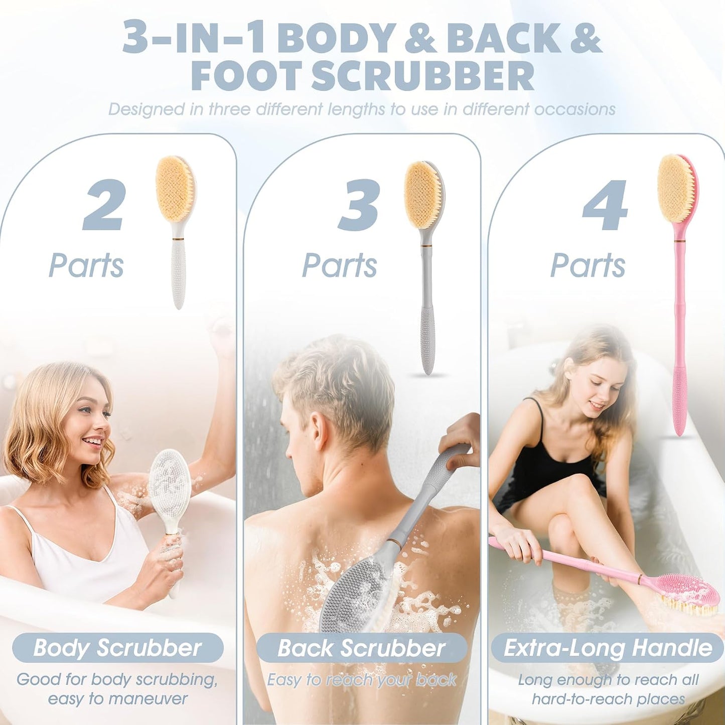 New Foot Brush with Adjustable Long Handle, 3-in-1 Foot Scrubber for Wet or Dry Brushing, 10.2’’- 27.5’’ Foot Scrub Brush for Senior, Pregnant, Disabled, or Injured, Gift-Box Packed(White)