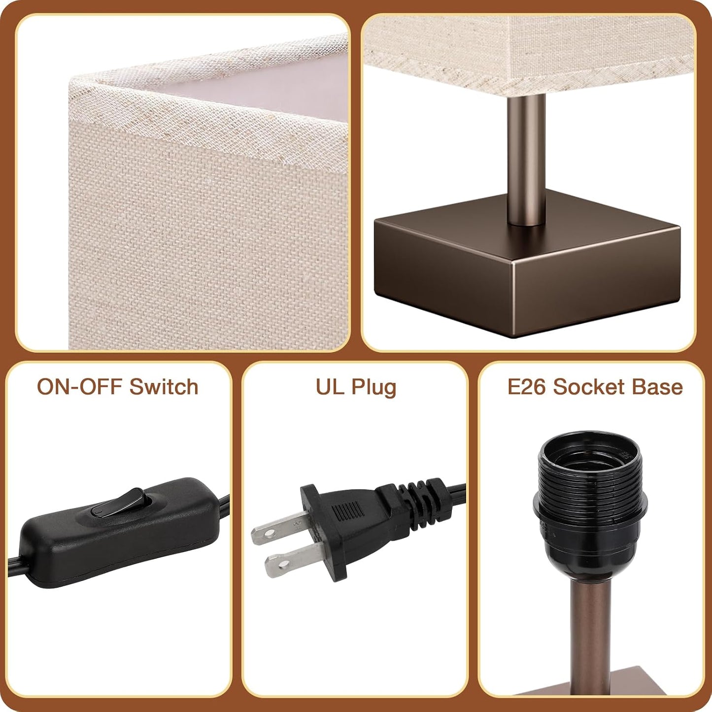aooshine Small Table Lamp for Bedroom - Bedside Lamps for Nightstand, Minimalist Night Stand Light Lamp with Square Fabric Shade, Desk Reading Lamp for Kids Room Living Room Office Dorm