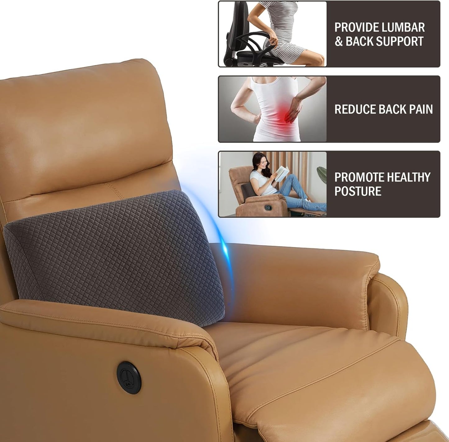 HOMBYS Lumbar Support Pillow for Recliner Chair, Memory Foam Back Support Cushion for Elderly,Extra Large Lumbar Support Pillow,Thick Backrest for Home Reading (Grey, 20“x13.5"x5")