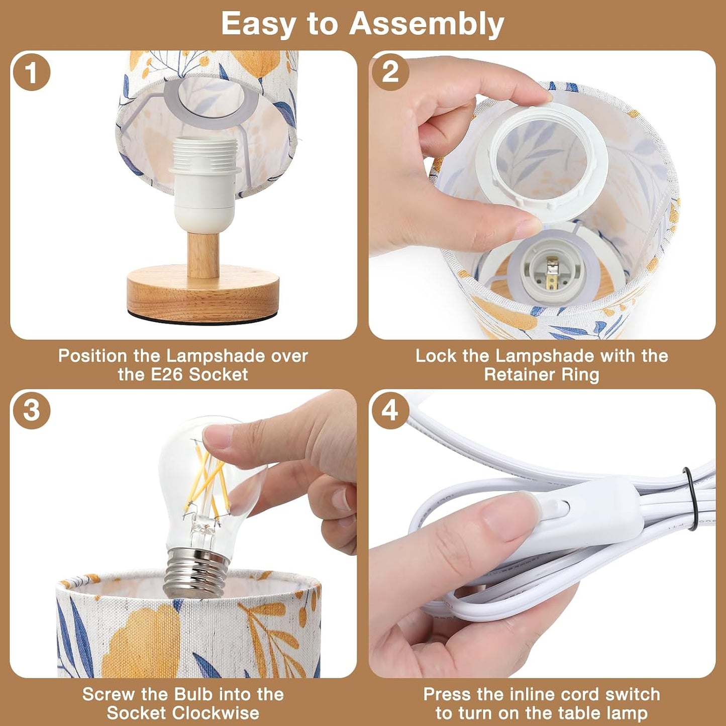 Fenmzee Small Table Lamp for Bedroom - Inline Control, Bedside Lamp with 3000K A15 LED Blub, Easy Assembly (Cream Shade - Wood Base, 9" Inline Control)