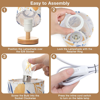 Fenmzee Small Table Lamp for Bedroom - Inline Control, Bedside Lamp with 3000K A15 LED Blub, Easy Assembly (Cream Shade - Wood Base, 9" Inline Control)