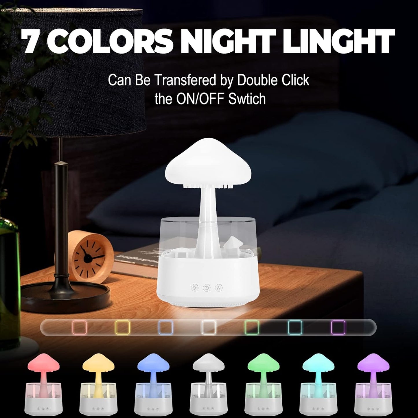 Rain Cloud Humidifier Water Drip with Adjustable LED Lights White Noise Humidification Desk Fountain Bedside Sleeping Relaxing Mood (White)