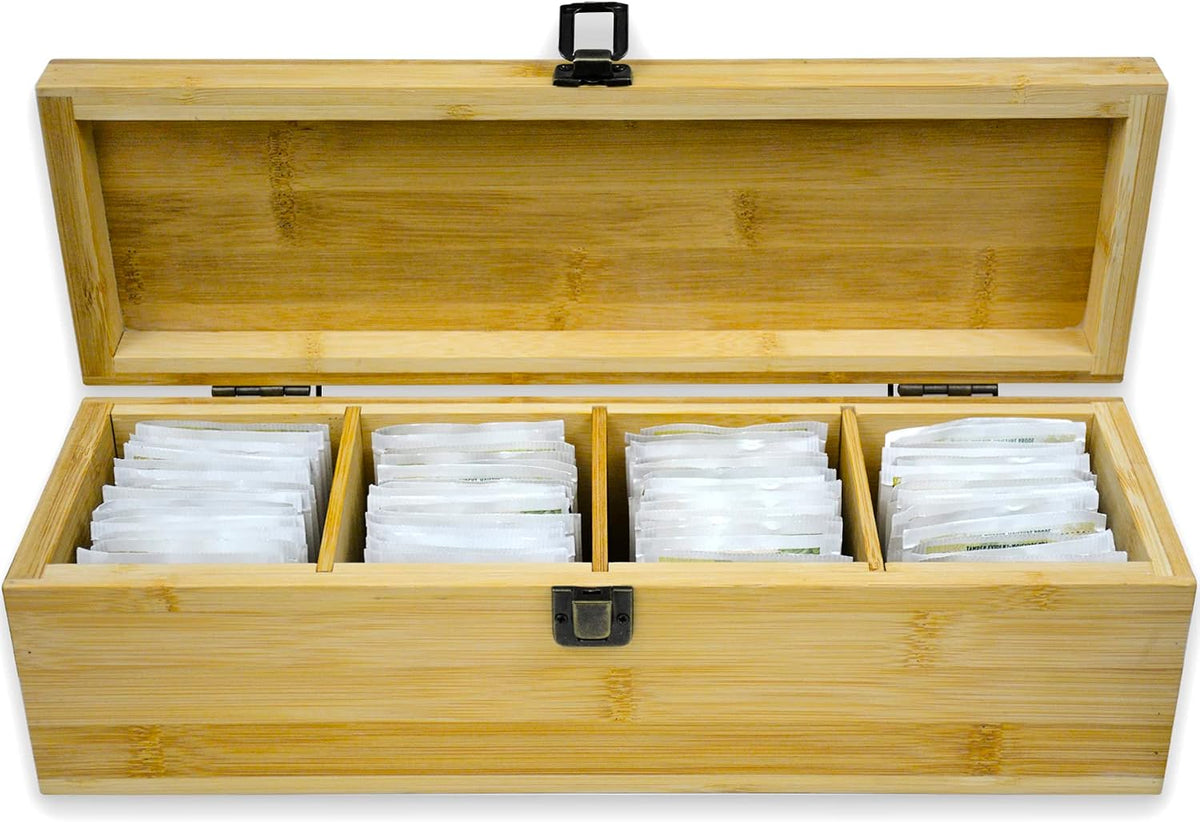 Tea Organizer Box Food Safe Chemical Free Bamboo Wood Storage Chest Big, Tall, Adjustable Cubbies (8-Slot 14.3" x 8.1" x 4.2" with TEA print design)