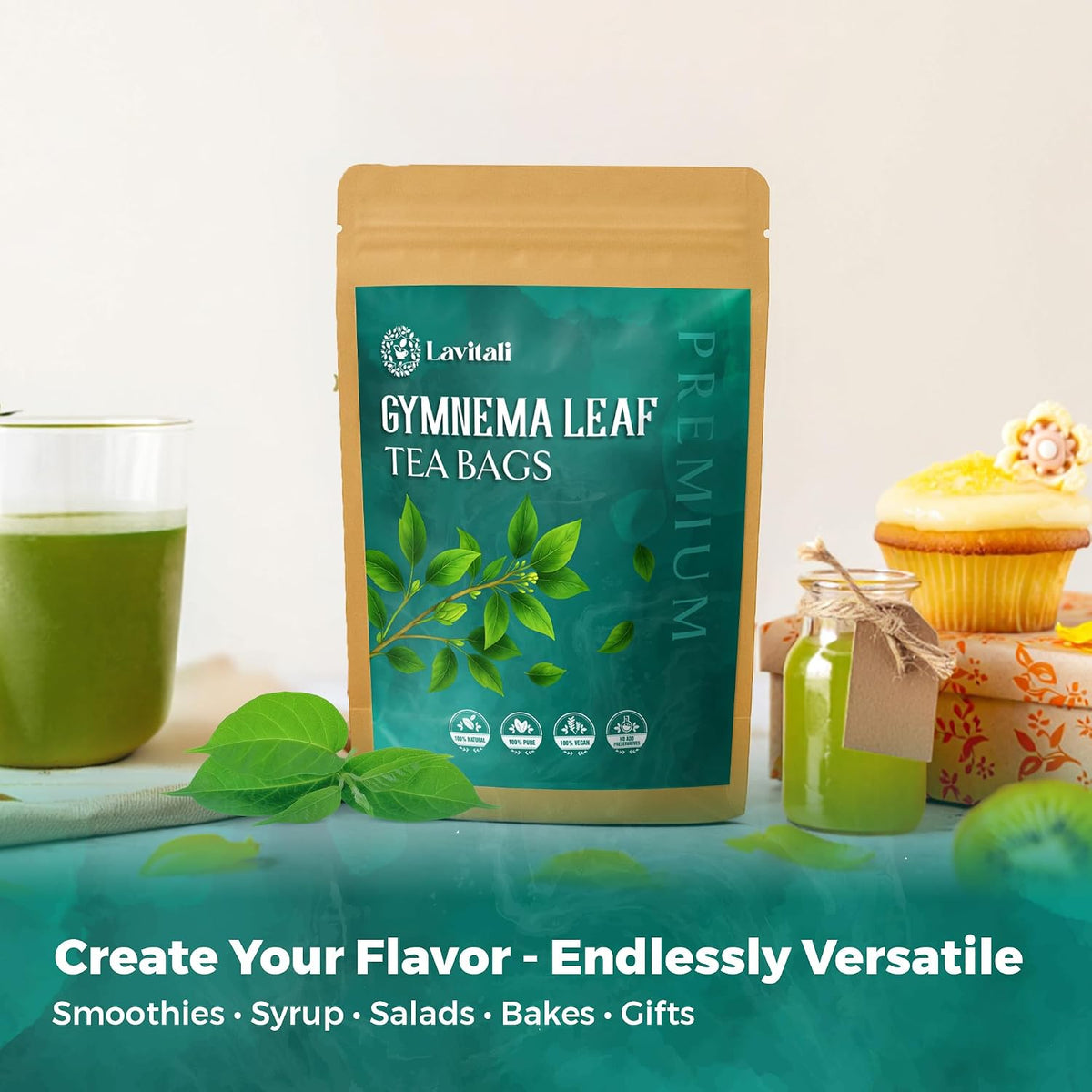 Lavitali, Gymnema Leaves Tea Bags | 60 bags, 100% Pure Herbal Tea | Caffeine-Free, Antioxidant-Rich, Eco-Friendly Filter Bag | Daily Natural Botanical, Hot or Iced Herbal Infusion