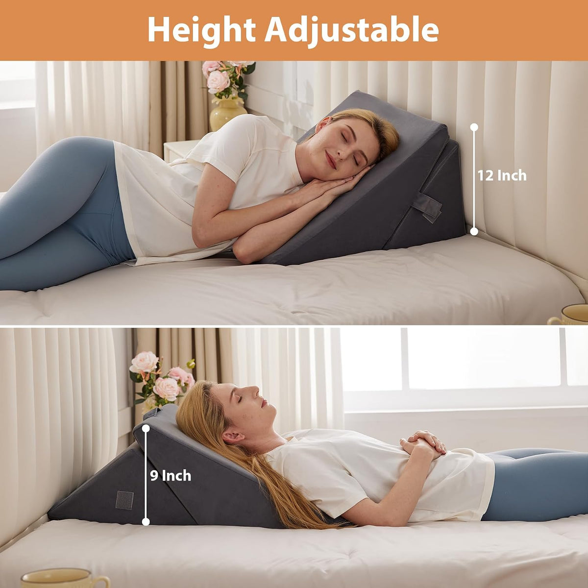 BIEEZZK Wedge Pillow Set for After Surgery, Wedge Pillow for Acid Reflux, Bed Wedge Pillow with Adjustable 9&12inch for Headboard,Sleeping, Orthopedic Memory Foam for Neck&Back Support, White/Grey