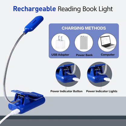 VAVOFO Clip On Book Light for Bed Kids, 7 LED Reading Light with 9-Level Warm Cool White Daylight, Eye Care Lamp with Power Indicator for Bookworms (Blue)