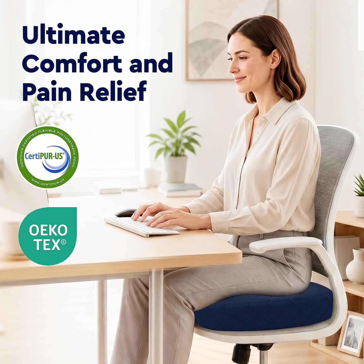 TushGuard Seat Cushion - Memory Foam Sitting Pillow for Office Chair, Car Seat, Airplane, Bleacher - Sciatica & Hip & Coccyx Pain Relief Desk Chair Cushion for Long Sitting Office Workers, Car Drivers