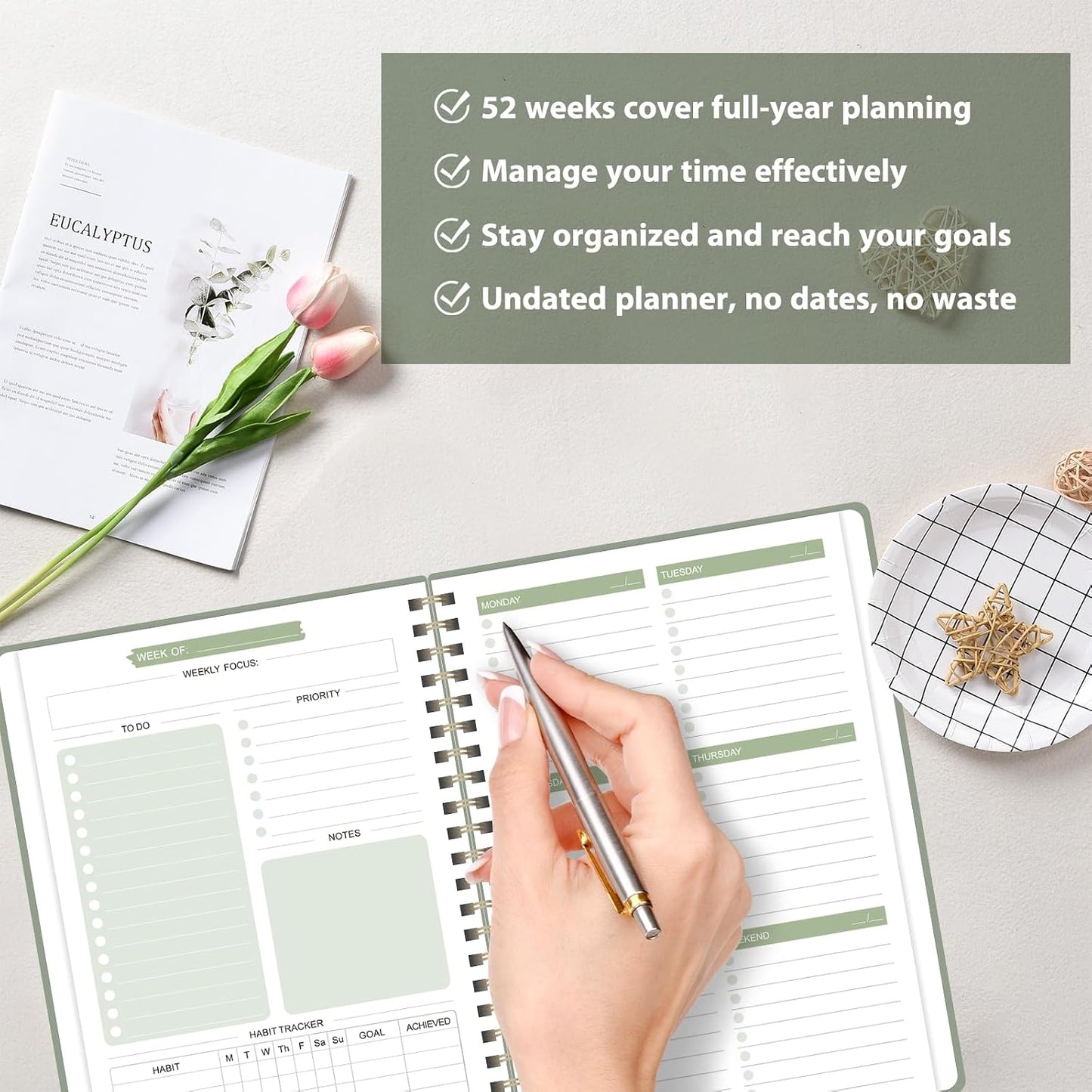 Undated Weekly Planner, Weekly To Do List Notebook, A5 Daily Planner | Office School Supplies, Spiral Binding, Inner Pocket, Goal, Organizer, Habit Tracker