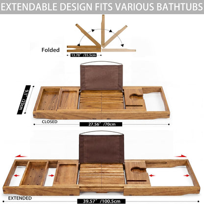 Artmalle Luxury Bathtub Caddy Tray for Tub - Foldable Bamboo Bath Table Tray with Book and Wine Glass Holder, Expandable Bathroom Accessories for Spa or Reading Lite Style