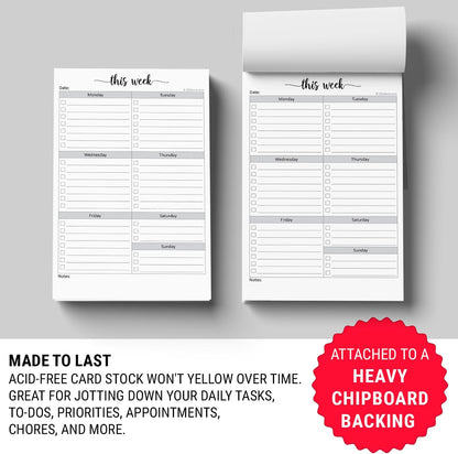 321Done Weekly Checklist Notepad, 5.5x8.5 Size Pad - 50 Tear-Off Sheets, Undated Monday-Sunday Schedule, Daily Task Planner for Home, Office & Student Use - Made in USA