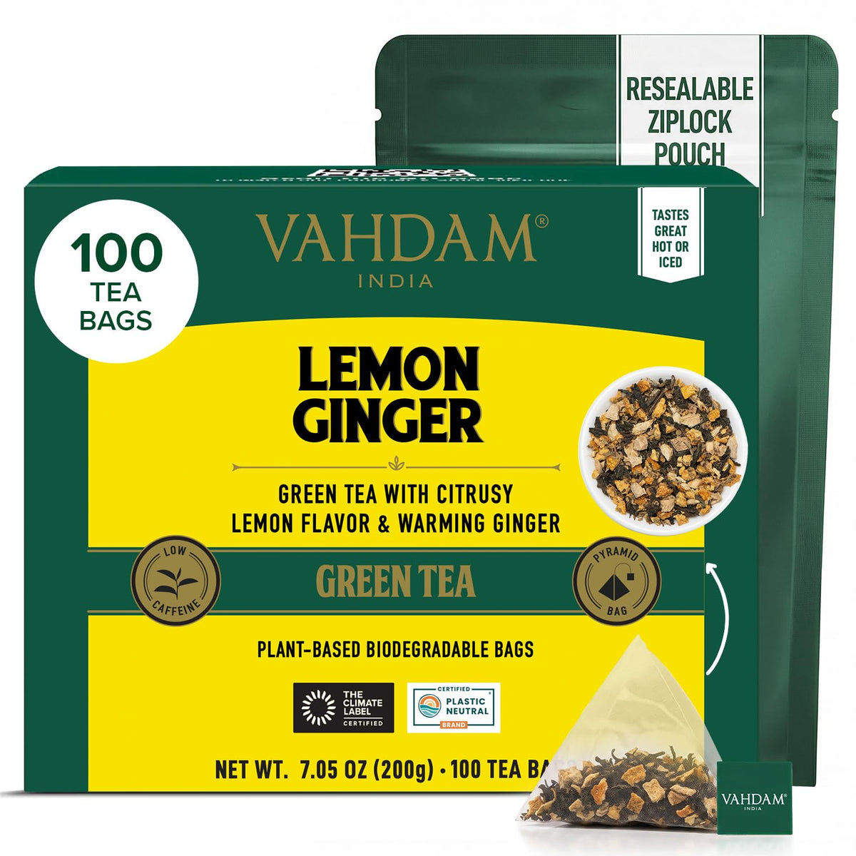 VAHDAM Lemon Ginger Green Teabags (100 Count) Zesty Blend Pyramid Teabags