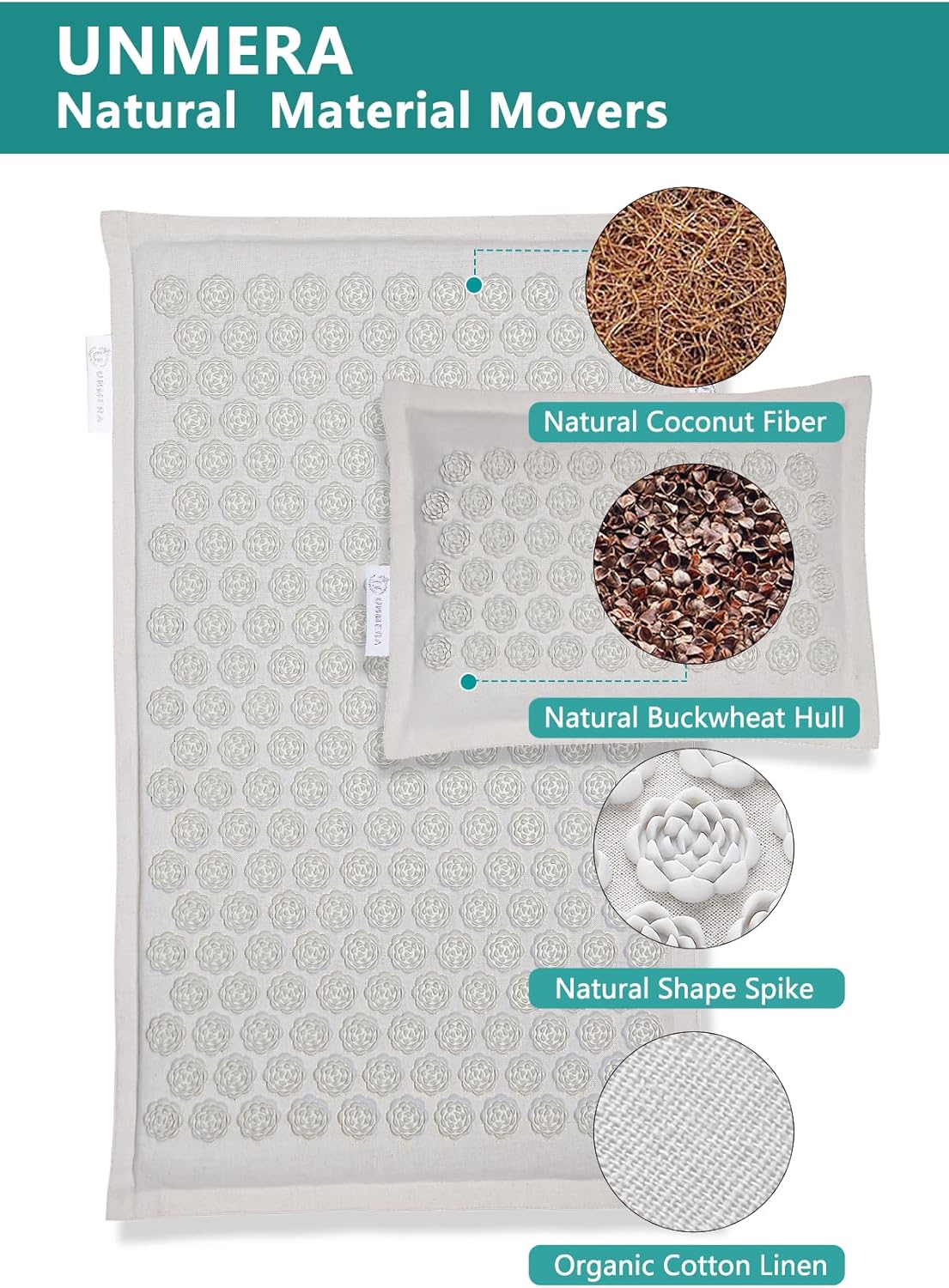 UNMERA Acupressure Mat and Pillow Set,Natural Premium Linen & Coconut Fiber Filling,for Back/Neck Pain Relief, Sciatic, Headache and Muscle Relaxation, Comes with Carrying Bag