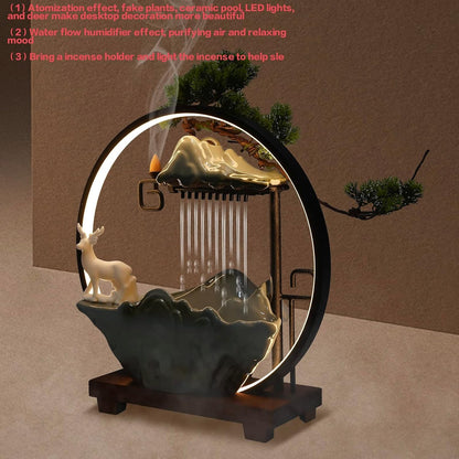 Mini Artificial Bonsai Tree Waterfall Fog Feature Rock Tabletop Fountain | 11in Desktop Decor Waterfall Fountain W/ Water Pump& Atomizer&LED Lights &Fake Tree Office Bedroom Relax