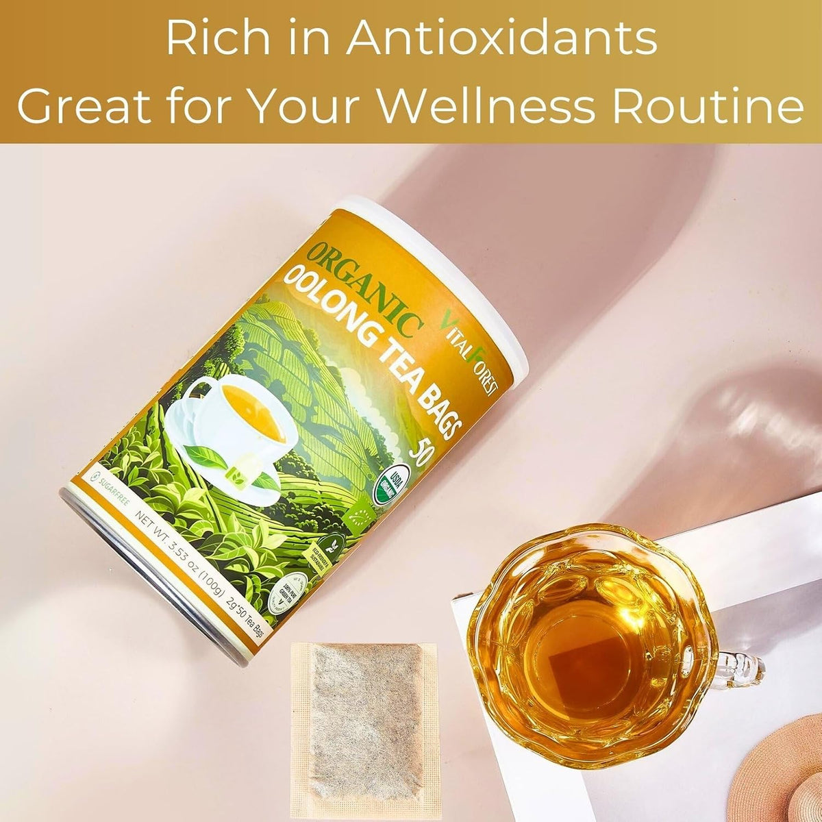 Organic Oolong Tea Bags, 50 Count, Unbleached, ECO-Conscious Chinese Oolong Tea, VitalForest High Mountain Tea Tie Guan Yin, Non-GMO, Container Pack for Gift Set