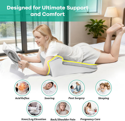 Ergonomic Wedge Pillow for Sleep Apnea Memory Foam Reading Pillow for Back, Neck & Head Comfortable Support-Grey(Extra Large)