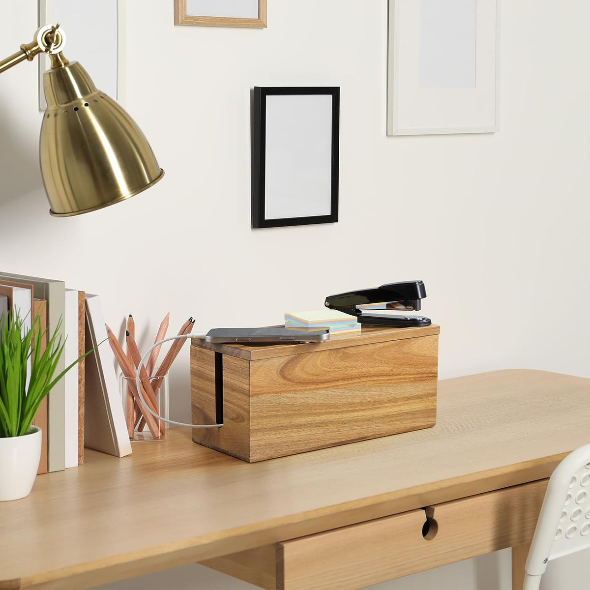Bivvclaz Large Cable Management Box, Wooden Cord Organizer Box for Desk, Floor, Office to Hide Extension Cords Power Stripes Surge Protectors Chargers Wires, White