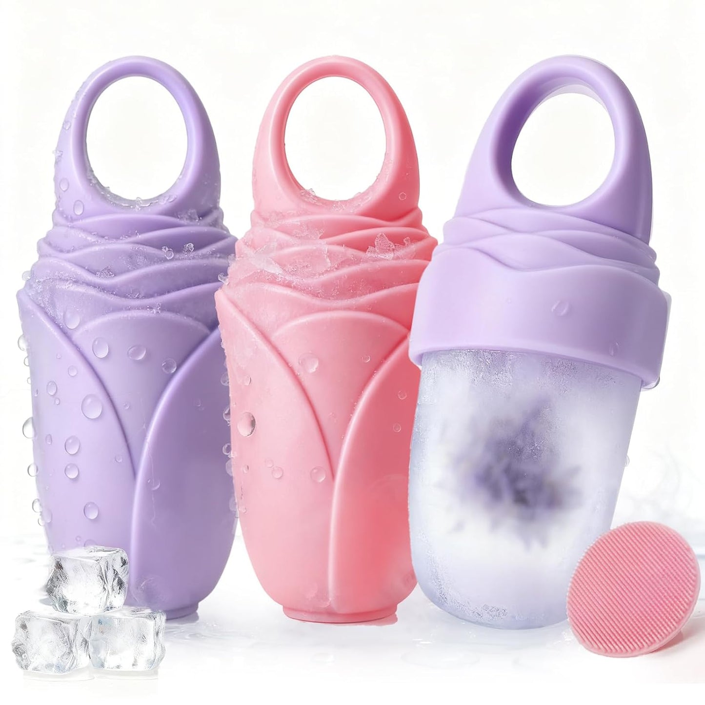 3 Pack Ice Roller for Face, Facial Ice Roller Silicone Mold Reusable for Face Women and Eye Neck Cold Skin Care Tools Freezer De Puff Eye Bags Reduce Migraine Pain Pink 1 + Purple 2