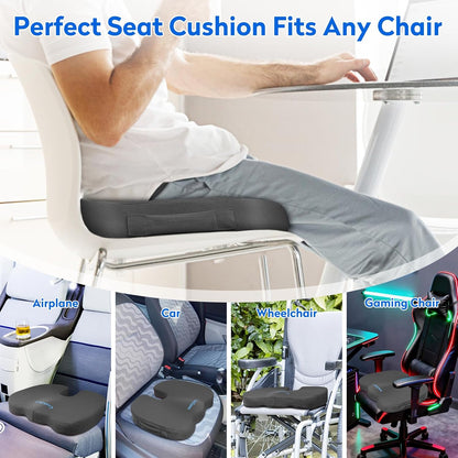 CushZone Seat Cushion - Memory Foam Office Chair Cushion for Sciatica, Tailbone & Back Pain Relief - Orthopedic Coccyx Pillow for Car, Airplane, Pregnancy & Long Sitting at Work, Black