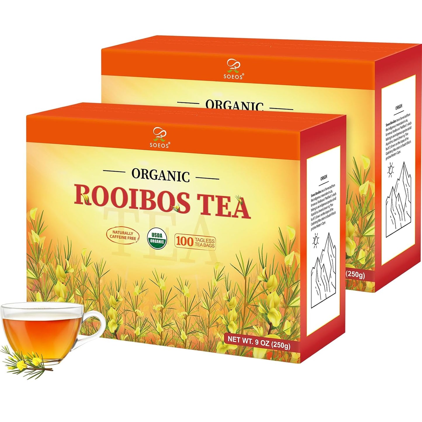 Soeos Organic Rooibos Tea, 100 Teabags, Naturally Caffeine Free, USDA and Non GMO Certify, Smooth and Robust Flavor, Excellent for Hot or Iced Brew, 9oz (250g)