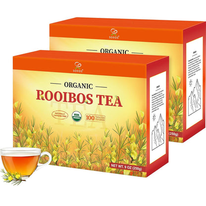 Soeos Organic Rooibos Tea, 100 Teabags, Naturally Caffeine Free, USDA and Non GMO Certify, Smooth and Robust Flavor, Excellent for Hot or Iced Brew, 9oz (250g)