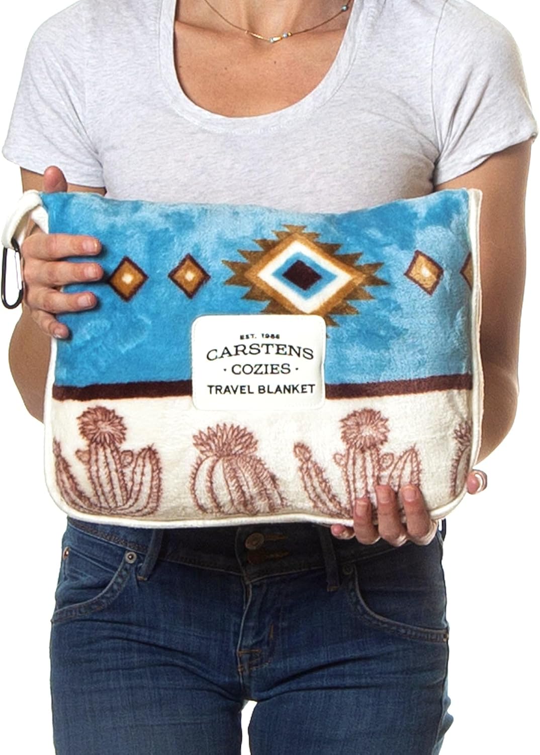 Carstens, Inc. Travel Blanket, Premium Compact 2-in-1 Airplane Blanket/Pillow, Open Sky Blue Aztec