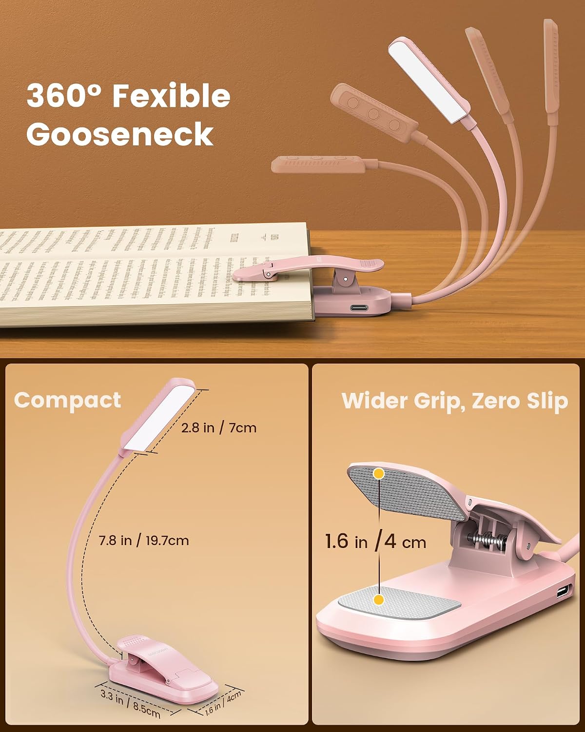 Glocusent 13 LED Reading Lights for Books in Bed, Eye-Caring Rechargeable Book Light 3 Amber Colors & Stepless Dimming, 120 Hrs Runtime, Travel Clip on Reading Lamp, Gifts for Book Lover Men Women Kid