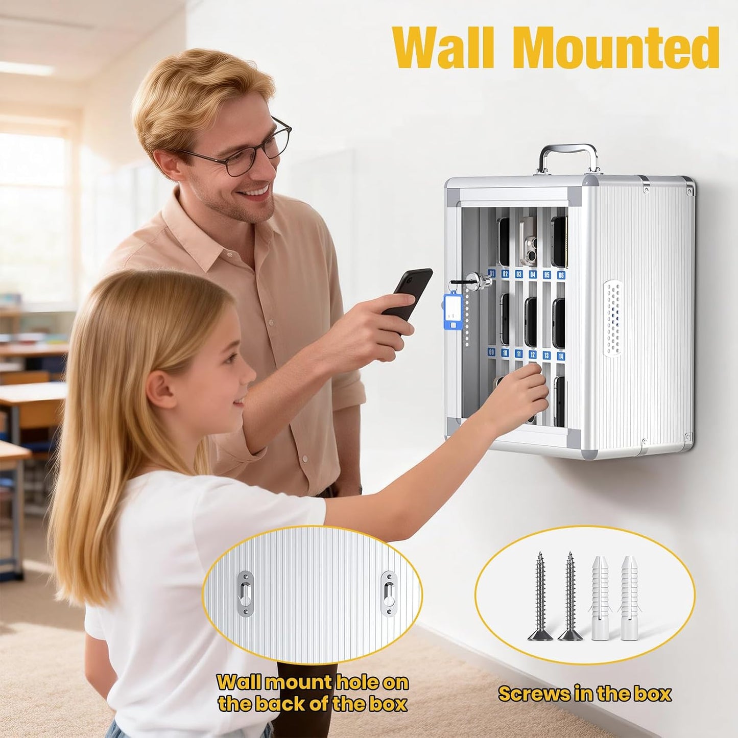 Glosen 24 Slots Cell Phone Locker, Portable Phone Storage Cabinet [Wall Mounted] [Aluminum Alloy] Cellphone Lock Box with Key & Handle for School Classroom Office Exam (Black)