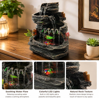 Indoor Tabletop Water Fountain with LED Light, Resin Rock-Look Waterfall Decor, Feng Shui Inspired Zen Fountain for Desk, Office, Bedroom, Living Room & Meditation Space (9" Cascading Rock)