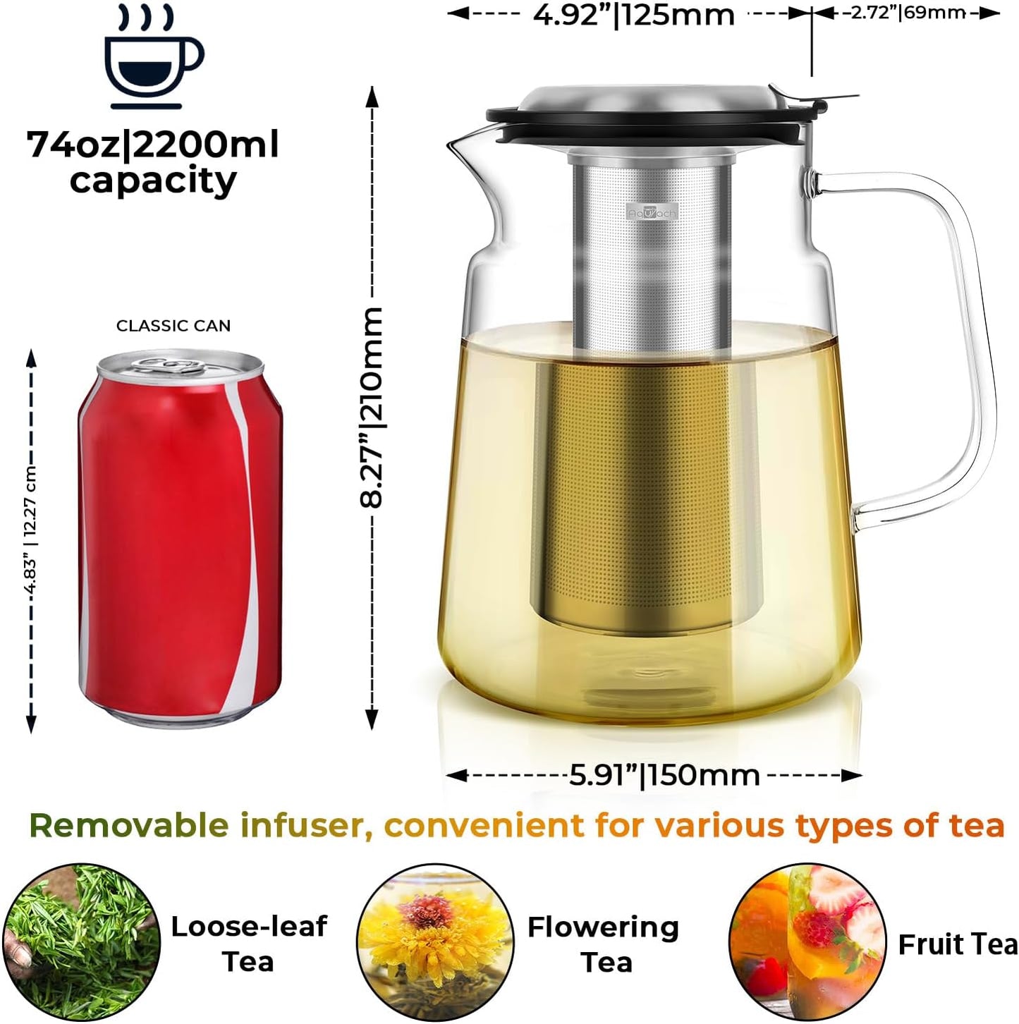 Aquach 51oz Glass Teapot with Infuser, Stovetop Safe Borosilicate Tea Pot | Dishwasher Safe, Plastic-free, Precise Loose Leaf Filter, Easy-clean Opening, Sharing Capacity
