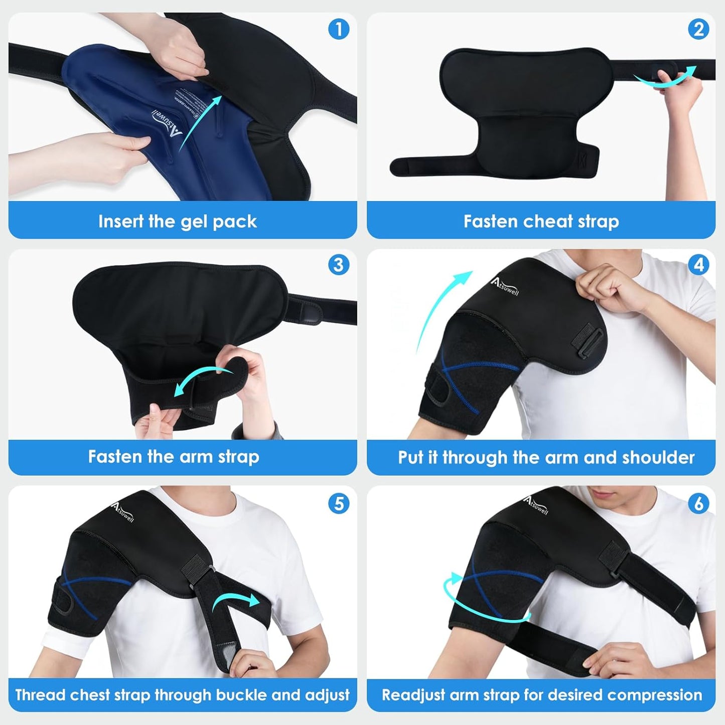 Atsuwell Large Shoulder Ice Pack Wrap, Supportive Shoulder Brace for Rotator Cuff and Arm, Durable Gel Ice Packs for Injuries Reusable, Cold Therapy Wrap for Muscle Recovery & Relaxation
