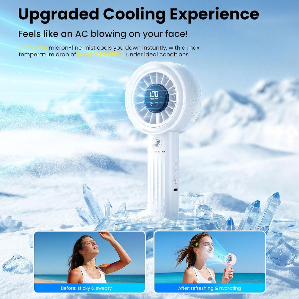 HandFan Upgraded Misting Fan with LED Display – Extreme Cooling Portable Handheld Fan with Water Mist Spray, 50% Stronger Airflow & Quieter, USB Rechargeable for Travel/Park/Disney/Beach/Concert/Game