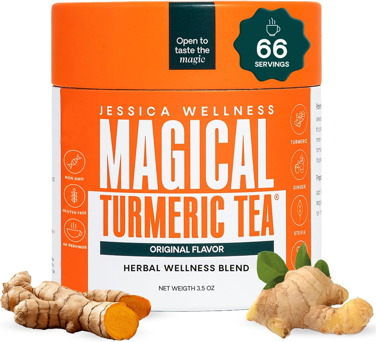 JESSICA WELLNESS Magical Turmeric Tea | Turmeric Powder Blend with Ginger, Black Pepper & Stevia | Turmeric Tea Drink Mix | Curcumin & Ginger Blend | 3.5 oz