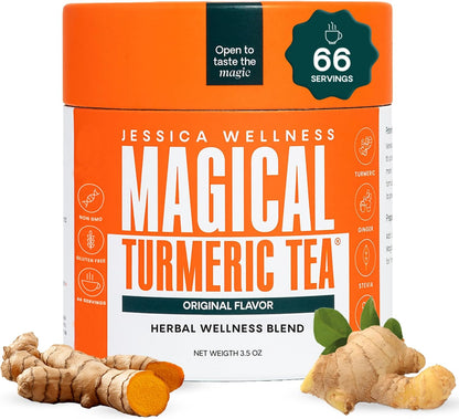 JESSICA WELLNESS Magical Turmeric Tea | Turmeric Powder Blend with Ginger, Black Pepper & Stevia | Turmeric Tea Drink Mix | Curcumin & Ginger Blend | 3.5 oz