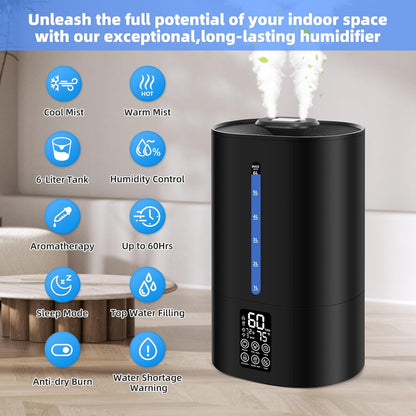 Coolfiqu 6L Humidifiers for Bedroom Large Room Home,Cool and Warm Humidifier for Baby and Plants Hot Mist Top Fill Desk Humidifiers Oil Diffuser,Quiet,Adjustable Mist,360°Nozzle-Black(2026 Upgraded)