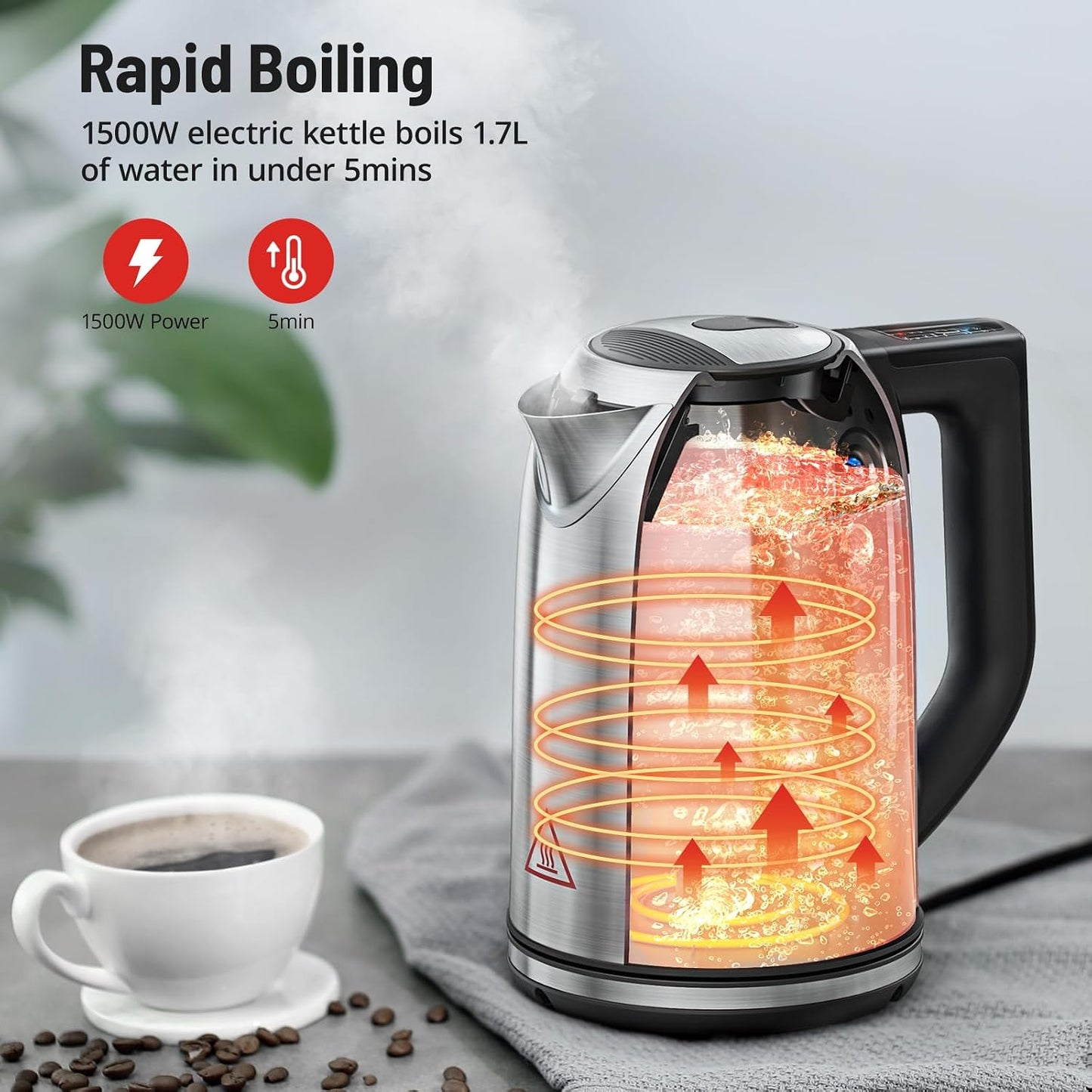1.7L Electric Tea Kettle, 6 Precise Temperature Presets Stainless Steel Electric Kettle Temperature Control,1500W Fast Boiling Hot Water for Oolong & Green Tea with Strix Control