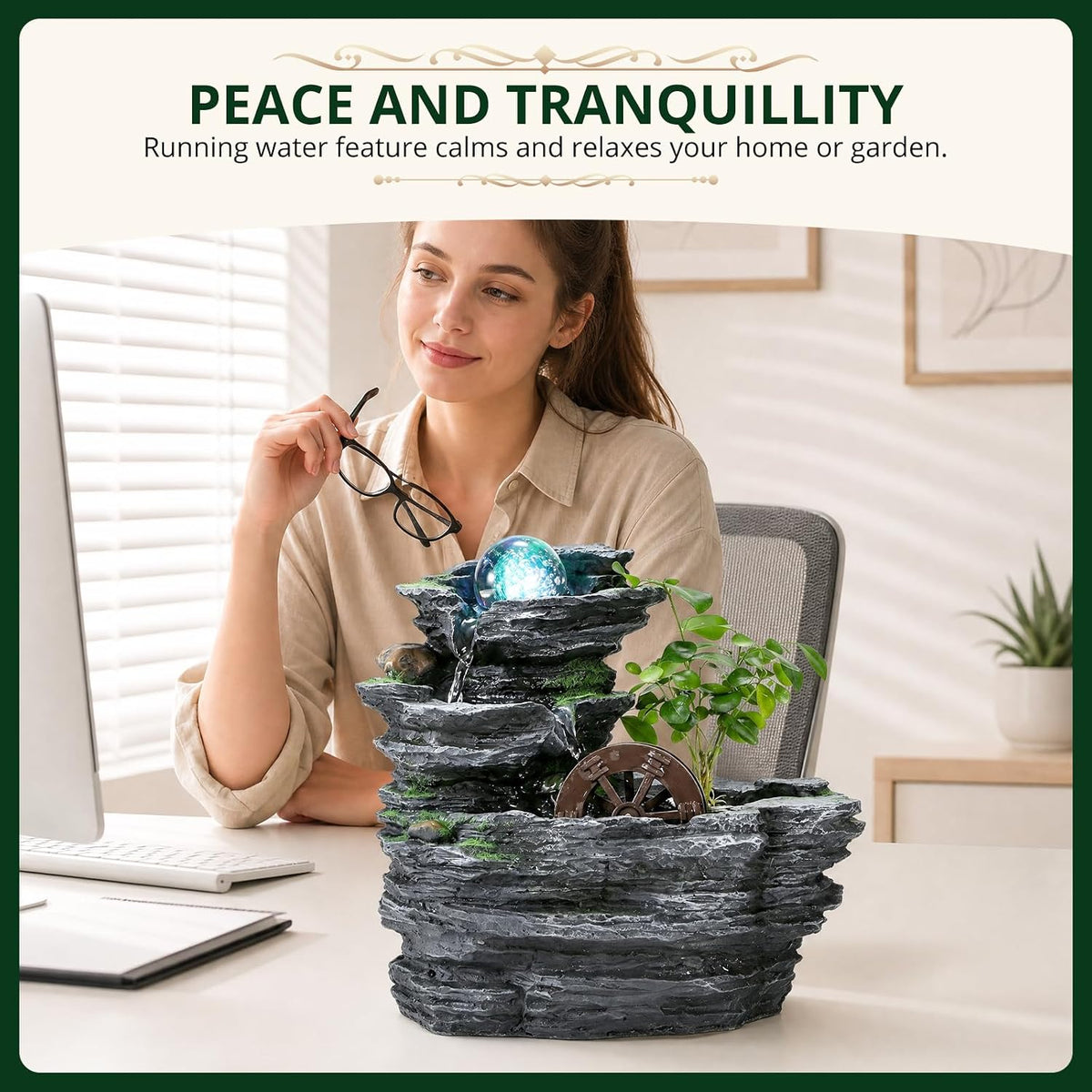 Tabletop Water Fountain, Resin Water Wheel, LED Light,Soothing Sound