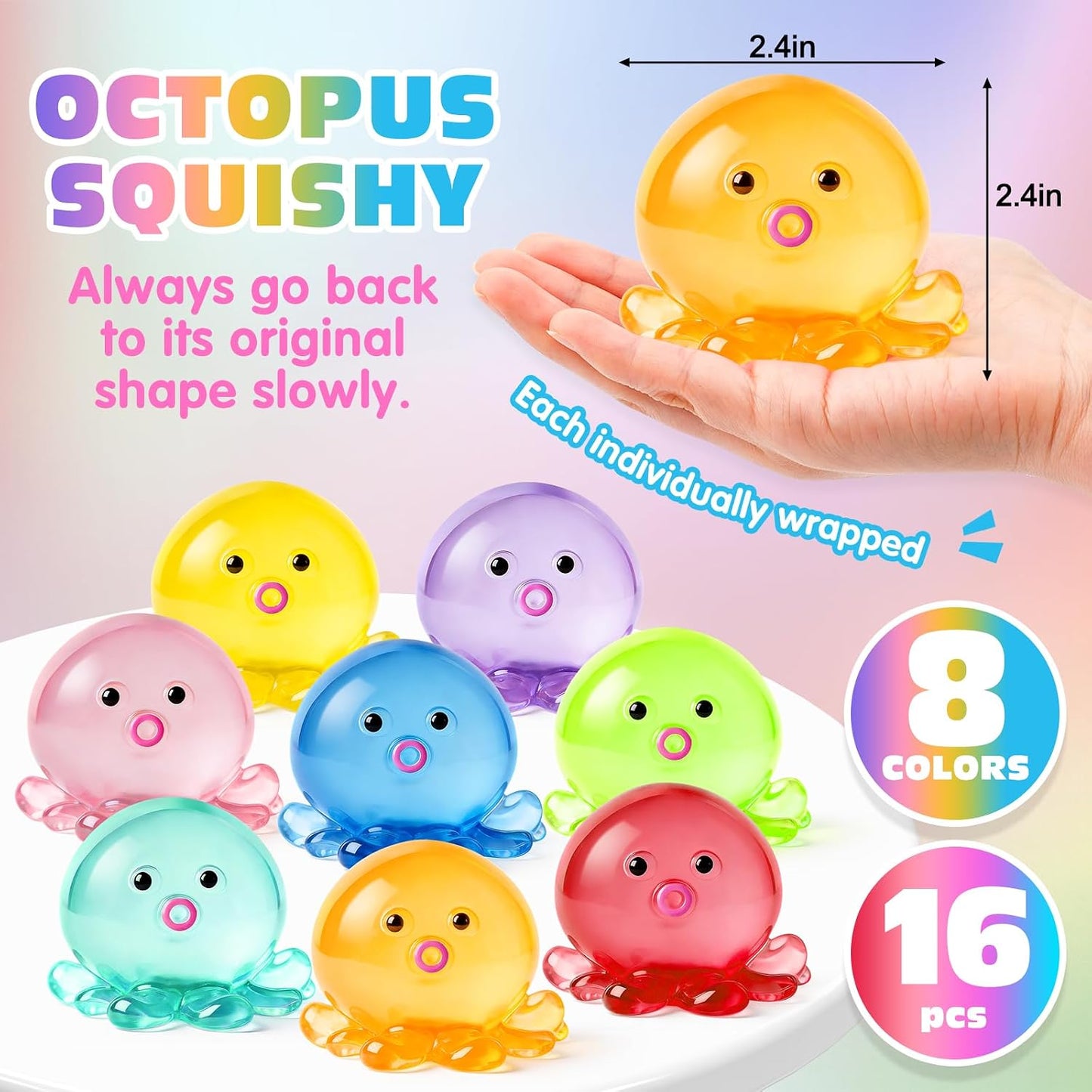 VISCOO 16 Pack Octopus Stress Balls for Adults Kids, Taba Squishy for Anxiety Stress Relief, Squeeze Ball for Party Favors/Slow Rising Squishy for Classroom Prize Birthday