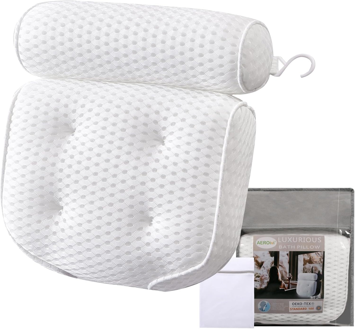 AEROiVi Luxury Bath Pillows for Tub，Bath Pillow Bathtub Pillows for Head and Neck Support Bath Cushion Made from Soft Spacer Mesh Material with Suction Cups,Gray