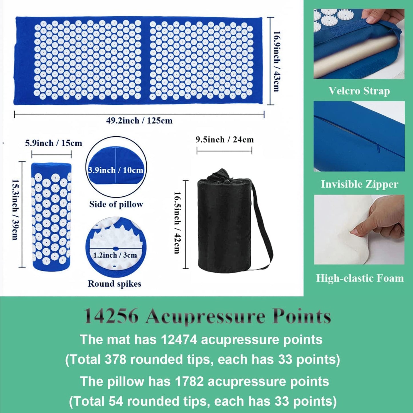 XiaoMaGe Acupressure Mat and Pillow Set with Bag - Extra Long Acupuncture Mat for Neck & Back Pain Relief- Naturally Relaxation Gift for Women - Stress Relief Massage Mat (Black)