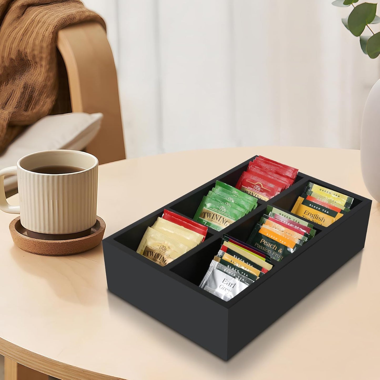 Tea Bag Box Wood Black 6 Compartments Tea Bag Organizer Drawer Storage, Large Capacity Sugar Packet Holder for Coffee Station,Sweeteners, Condiment Organizer