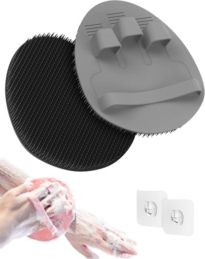Manmihealth Soft Silicone Shower Brush, Super-Lathering and Deep-Cleaning Body & Face Scrubber, Gentle Exfoliating Bath Glove for All Skin Types, with 2 Free Hooks.(Black + Pink)