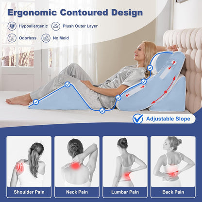 4PCS Orthopedic Bed Wedge Pillow Set for Sleeping, Post Surgery Foam Support Pillows for Back, Neck and Leg Pain Relief, Adjustable Triangle Pillow – Acid Reflux, GERD & Snoring Recovery, White Grey