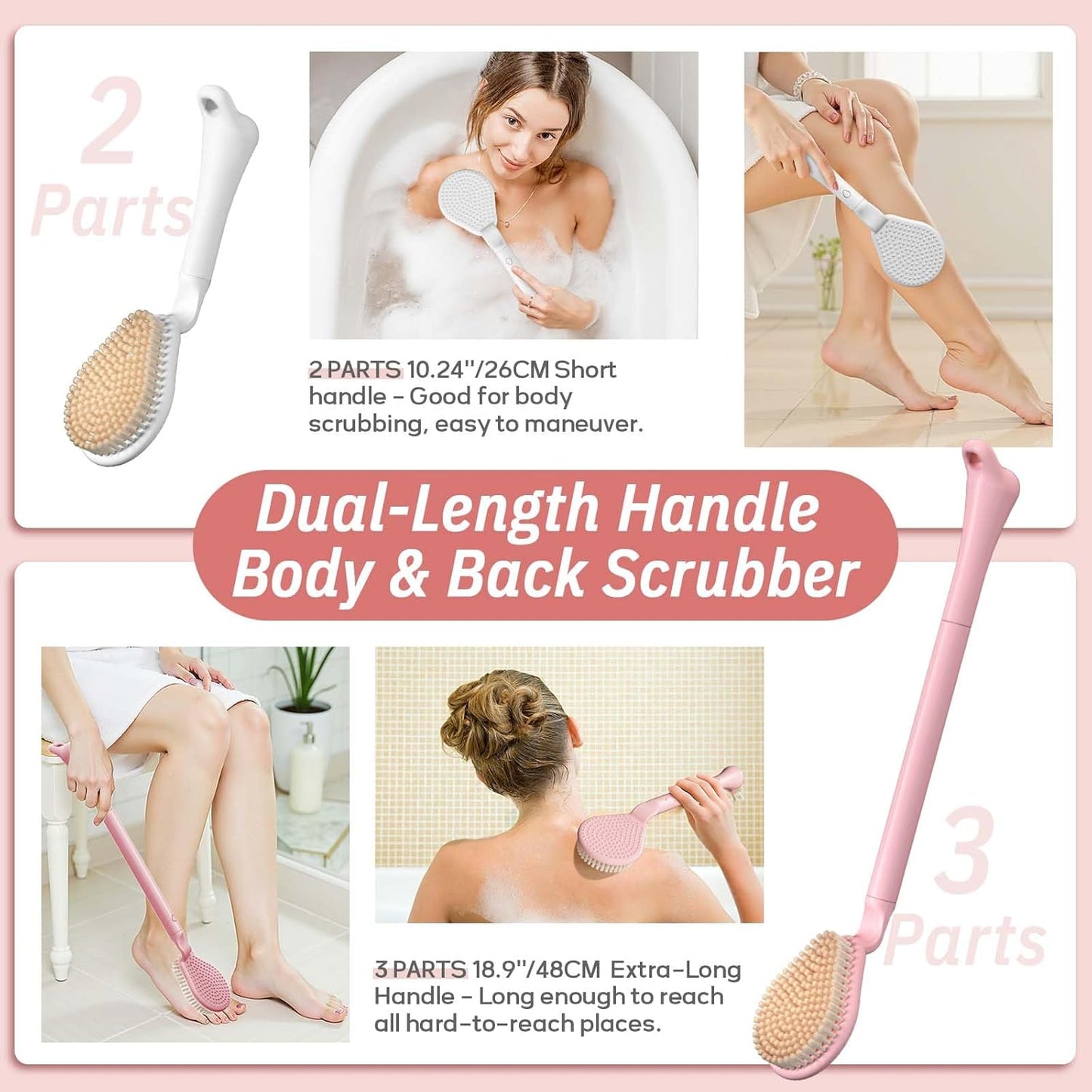 New Foot Brush with Adjustable Long Handle, 3-in-1 Foot Scrubber for Wet or Dry Brushing, 10.2’’- 27.5’’ Foot Scrub Brush for Senior, Pregnant, Disabled, or Injured, Gift-Box Packed(White)