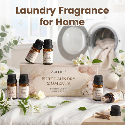 Auelife Laundry Essential Oils Set for Dryer Balls, 6x10ml Diffuser Oil | Home Fragrance for Laundry Room, Candle & Soap Making with Fresh Linen, Blossom Soap, Crisp Breeze, Soft Dryer, Citrus